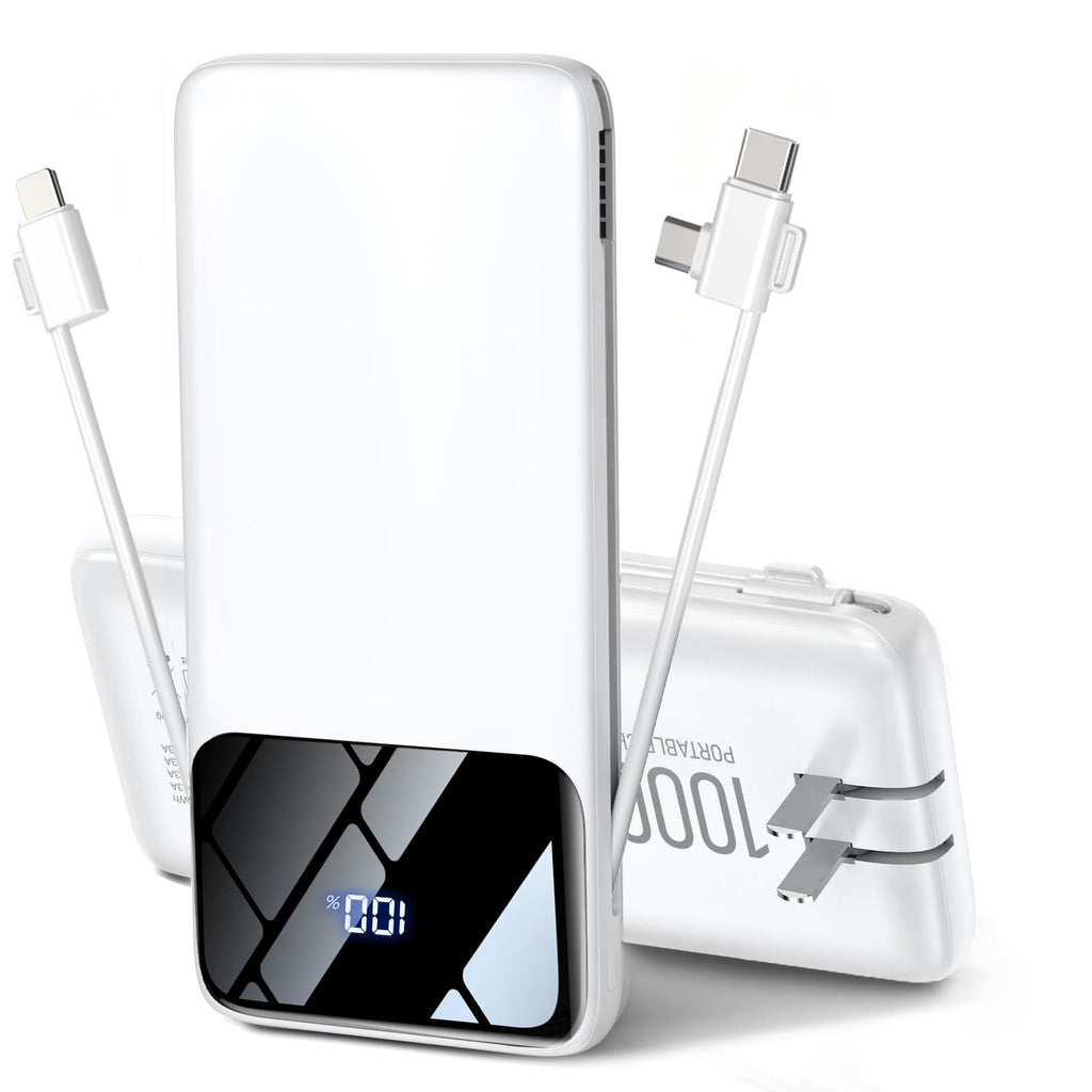 10,000mAh 15W Power Bank with Built-In Cables & Wall Plug