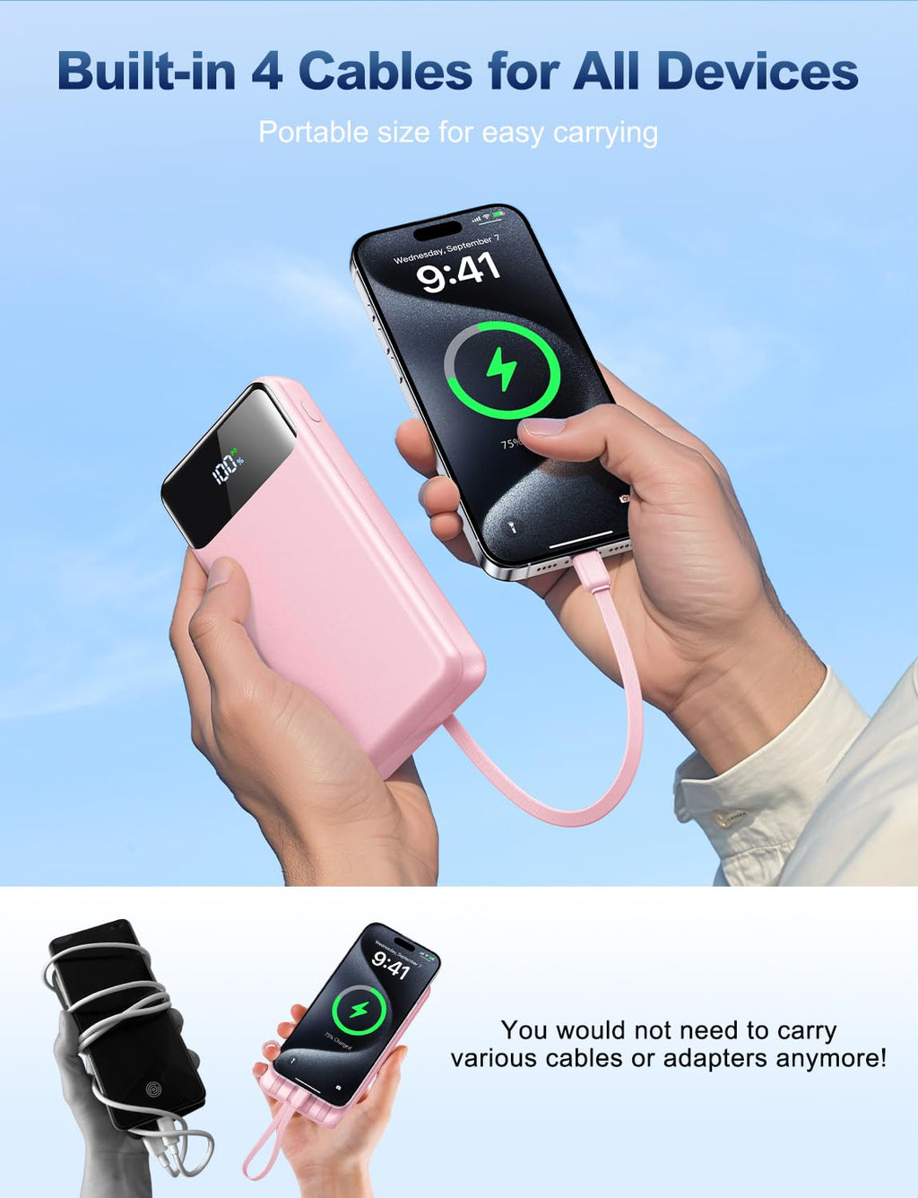 50,000mAh 22.5W Fast-Charging Power Bank with Built-In Cables