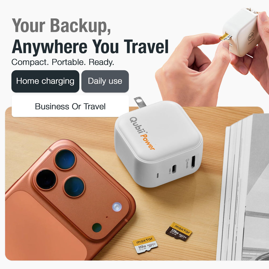 45W GaN Fast Charger & Auto Photo Backup Kit with 2-in-1 Cable and 256GB MicroSD