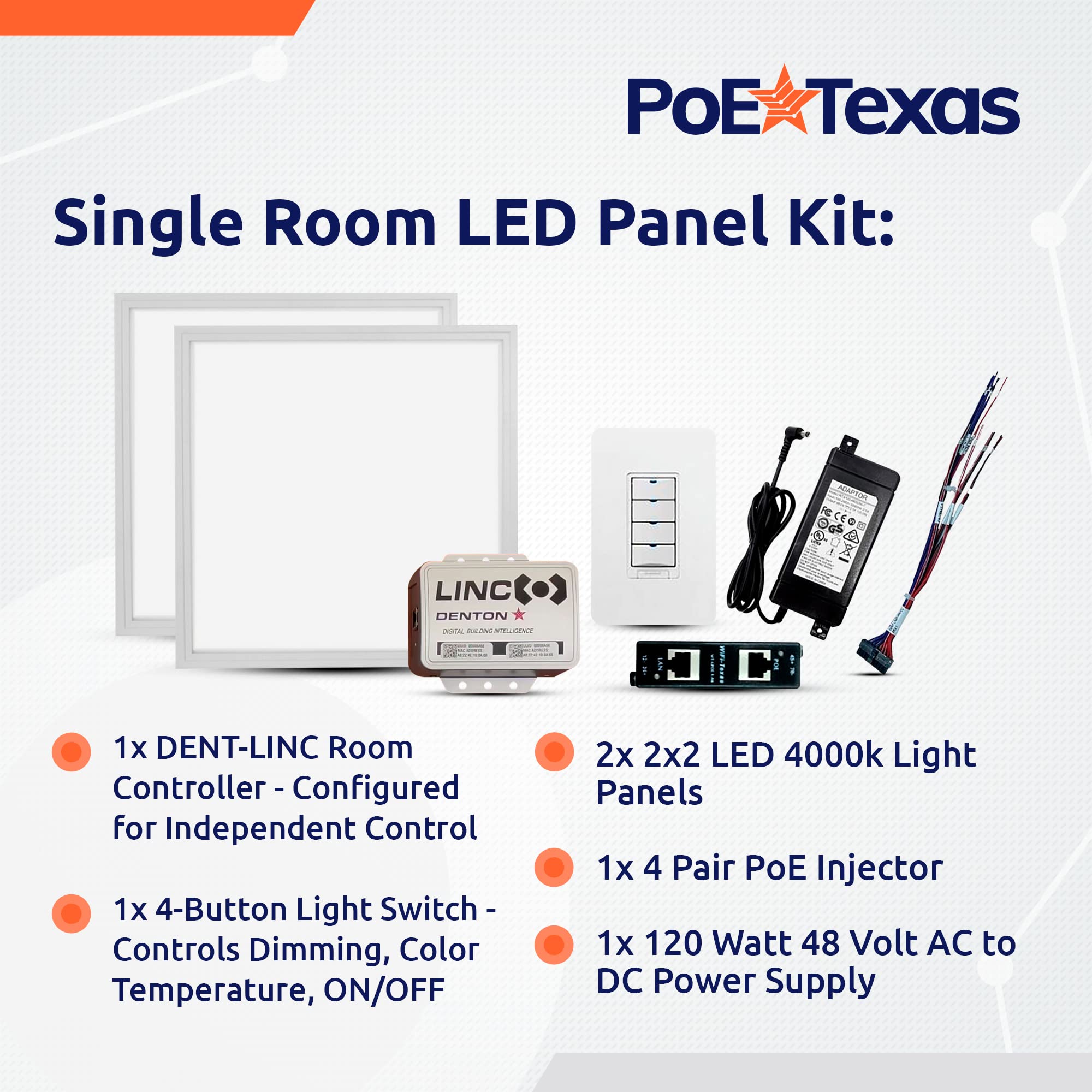 PoE Texas Managed LED Lighting - Single/Double Room Kit
